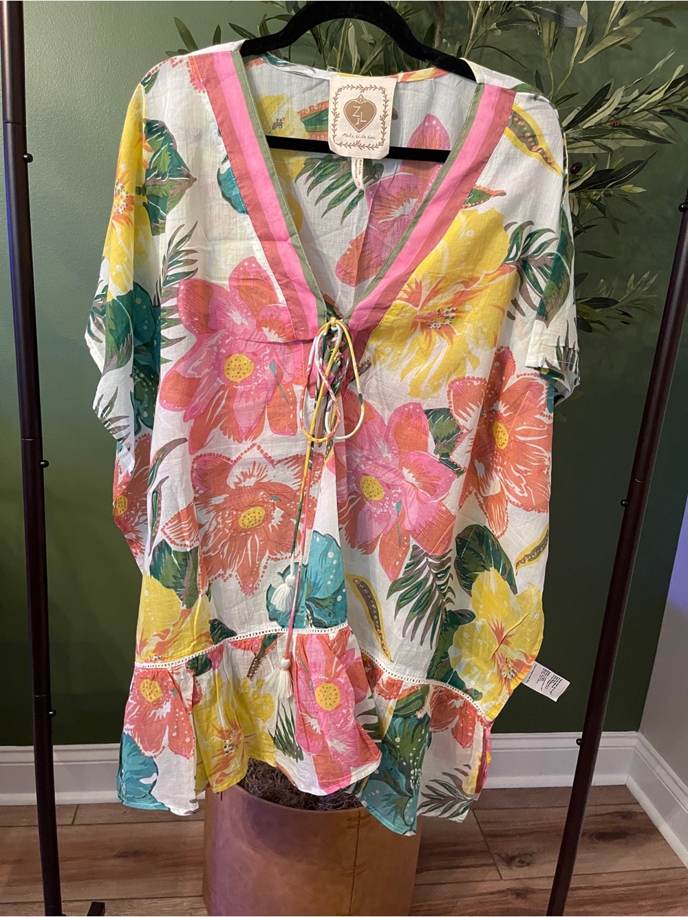 Floral Tie-Front Swim Coverup - Pink, Yellow & Green